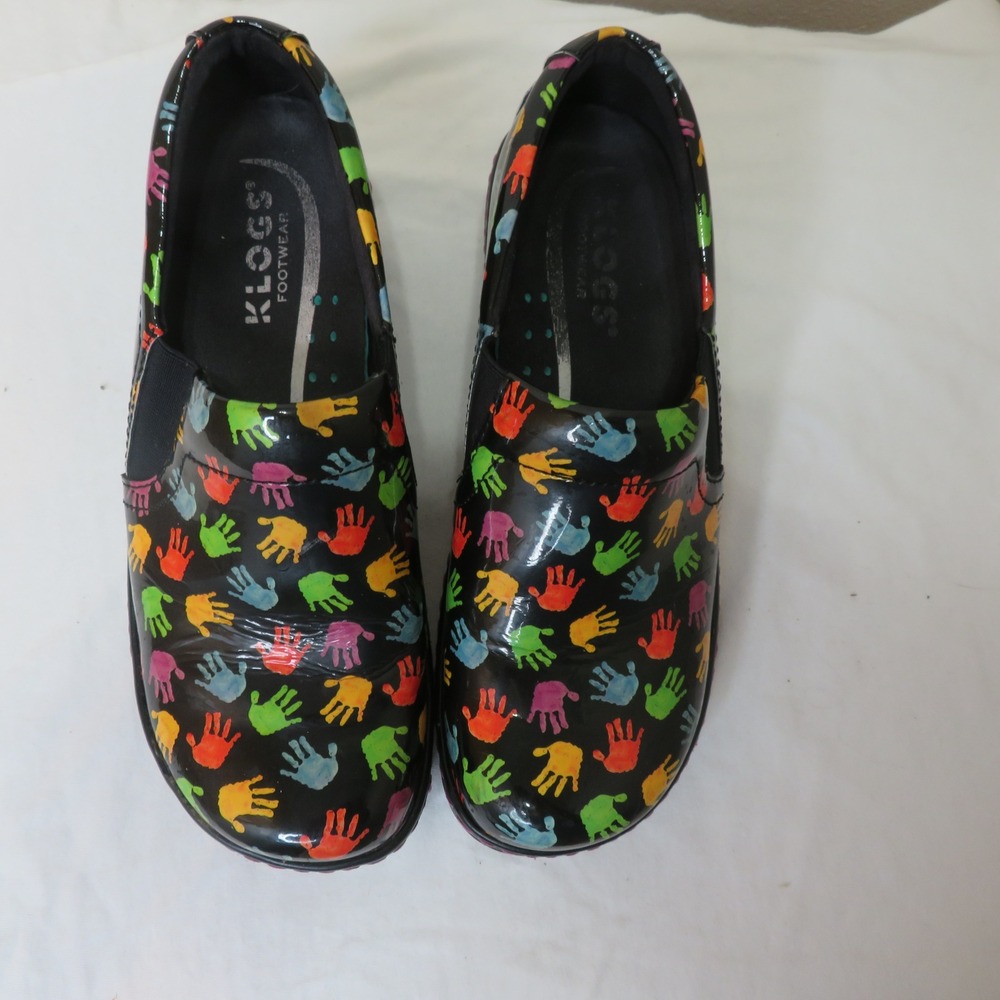 Klogs Naples Clogs Black Patent Leather Multicolor Handprints Nursing Shoes 6M
